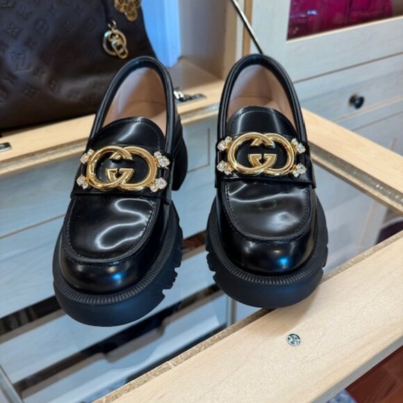 Gucci Black Size 37 Interlocking G Logo Leather Loafers - Picture 1 of 5